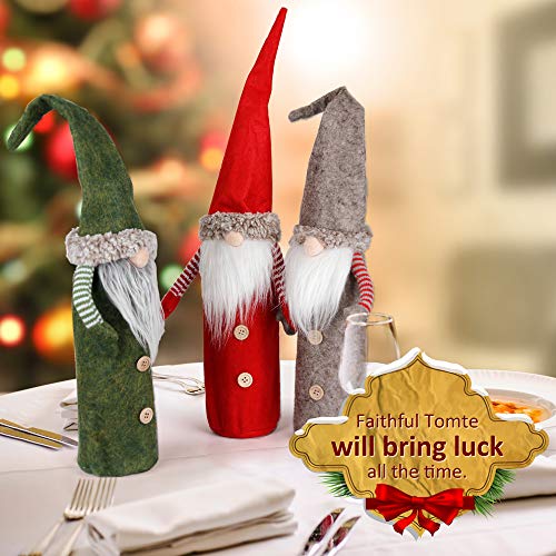 D-FantiX Christmas Gnomes Wine Bottle Cover, Handmade Swedish Tomte Gnomes Wine Bottle Toppers Santa Claus Bottle Bags with Drawstring Style Holiday Home Christmas Decorations Gift 3 Pack - Thumbnail 5