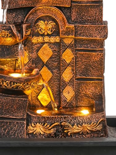 Image of CHRONIKLE Polyresin Designer Table Top Indoor Home Decor 4 Steps Waterfall Fountain with Yellow LED Lights & Water Flow Controller Pump (Size: 40 x 29.5 x 22CM | Weight: 2185grm | Color: Golden Brown)