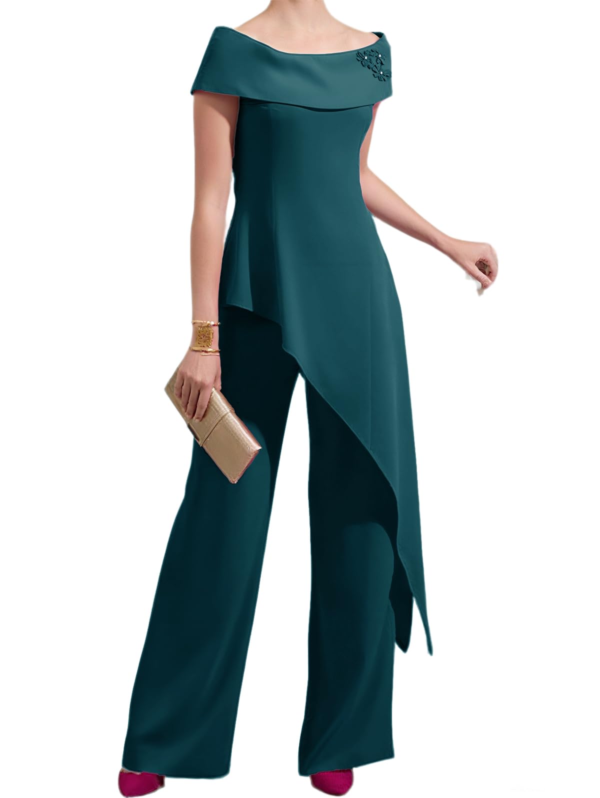 2 Piece Mother of The Bride Dresses Pant Suits Chiffon Wedding Guest Groom Formal Outfit Sets Beaded Floral