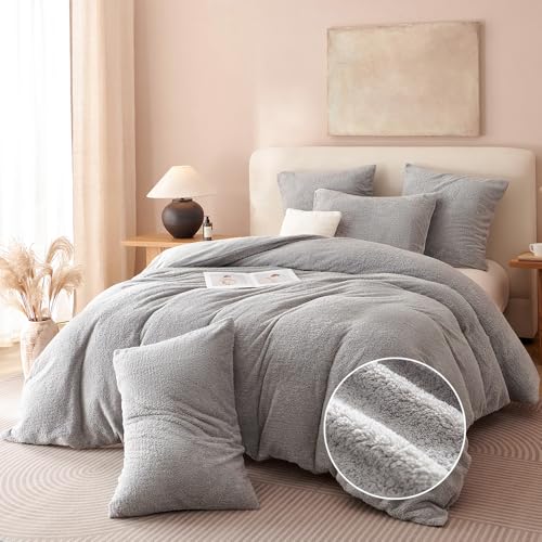Freyamy Housse de Couette Polaire Teddy 200x200cm Gris Hiver Chaude Duveteuse Parure de lit 2 Personne avec Fermeture Éclair Peluche Sherpa Flanelle Linge de...