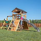Backyard Discovery Endeavor Cedar Wood Swing Set with Wave Slide, Play Deck, Double Rock Wall, Rope Ladder, Climbing Wall, Belt Swings, 40-Inch Web Swing, Step Ladder, Toy Telescope, Outdoor Playset