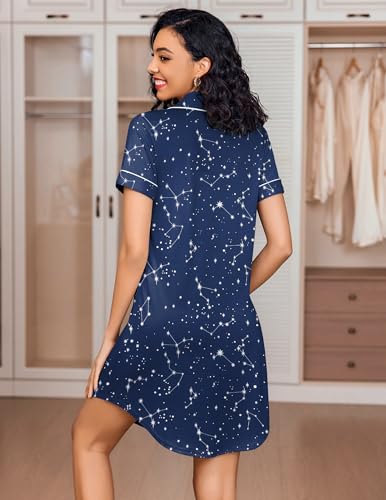 Image of Ekouaer Women's Nightgown Button Down Nightshirt V Neck Sleepshirt Short Sleeve Sleepwear Soft Pajama Dress