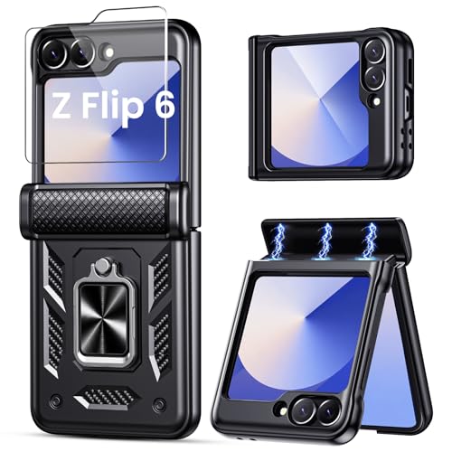 Cover per Samsung Z Flip 7 FE/Flip 6/5 con Schermo in 9H Vetro Temperato, Protezione Della Cerniera, 360°Anello Supporto, Antiurto Anticaduta Militare, Custodia per Galaxy Z Flip 6 / Flip 5, Nero
