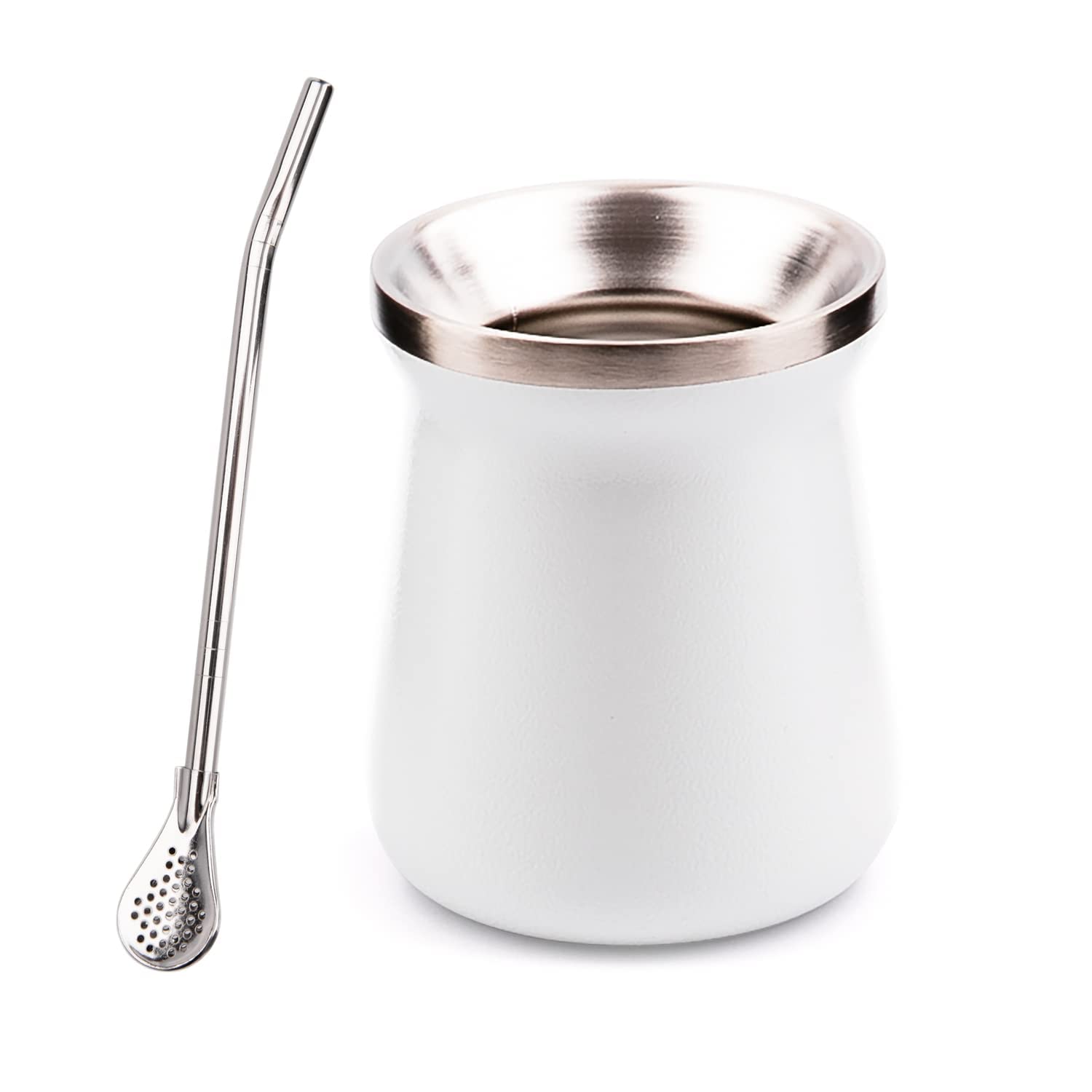 SYOSI Yerba Mate Cup Stainless Steel Mate Cup And Bombilla Set 8oz Yerba Mate Gourd Double Walled Tea Cup With Straw (White)