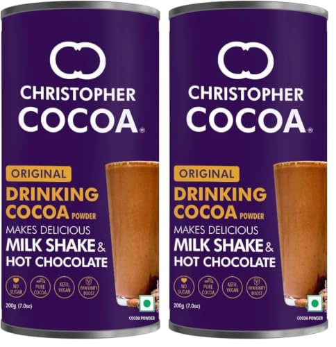 Image of Christopher Cocoa, Drinking Chocolate Cocoa Powder, Dark No Sugar, 200g (Pack of 2)