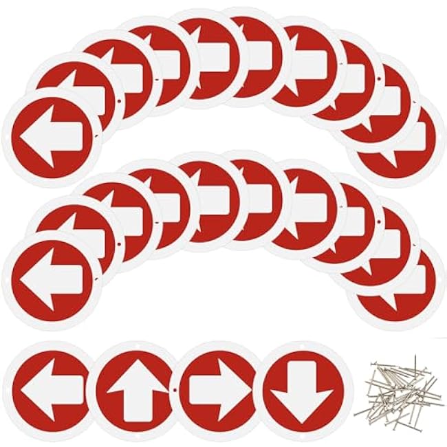 Amylove 24 Pcs 3 Inch Round Trail Markers with Reflective Tacks Aluminum Arrow Sign Traffic Signs Wall Decor Trail Marking Reflectors for Outdoor Camping Hiking Hunting Driving, Red