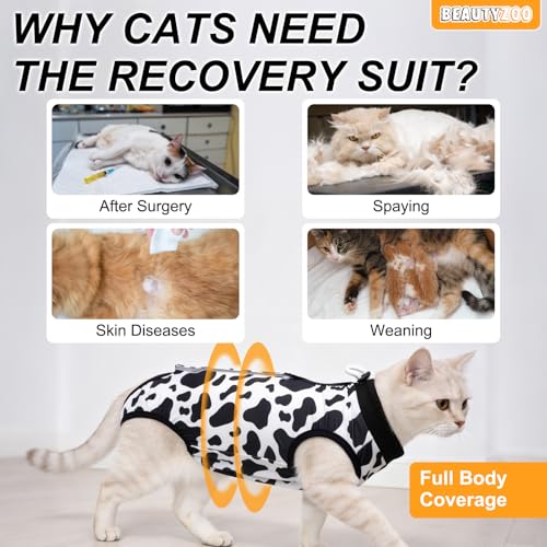 Image of BEAUTYZOO Cat Surgery Recovery Suit, Female Spay, Male Neuter, 2 Pack | Onesie for Cats After Surgery, Anti Licking Wounds, Cone of Shame Alternative, Surgical Recovery Anxiety Vest, Grey Cow XS