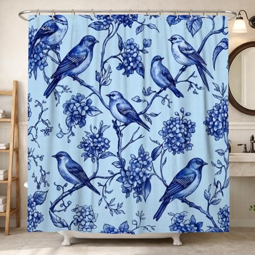 Cortina de ducha con diseño de pájaros, flores florales tradicionales, ramas, color azul primavera, tela impermeable, cortinas de ducha para el hogar, baño, decoración de hotel, 72 x 78 pulgadas