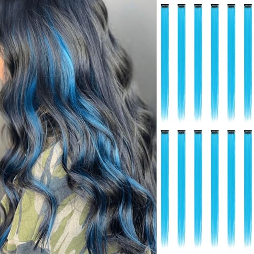 BUMMSEVEN Colored Clip-in Hair Extensions, 22" Straight, 12pcs Teal Blue