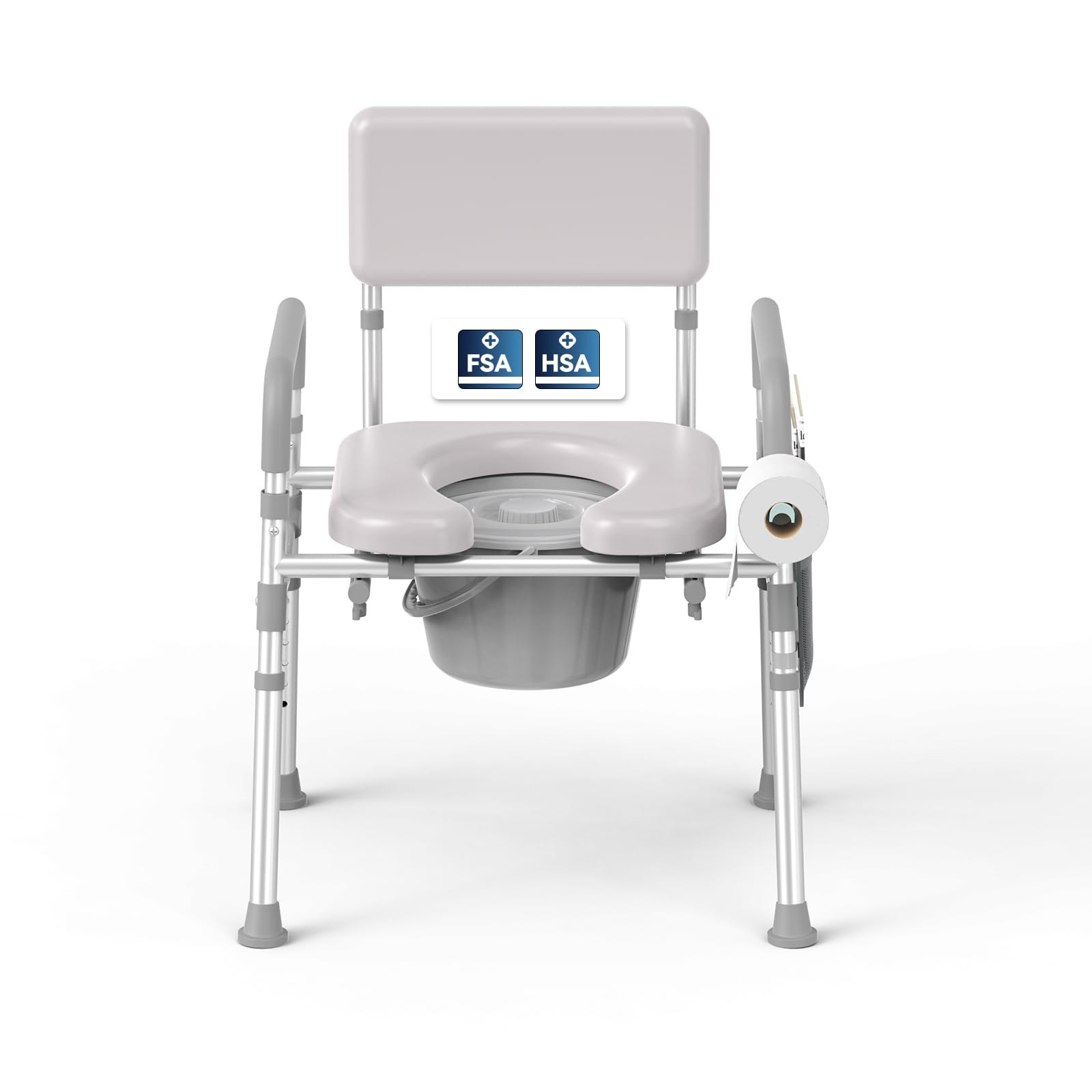 Bedside Commode Toilet, Padded Seat & Backrest, Height Adjustable Aluminum Potty Chair | 350lb, Tool-Free Assembly, Removable Bucket, Portable Toilet for Adults & Seniors