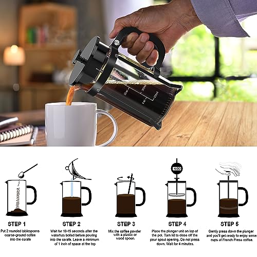 QUQIYSO French Press Coffee Maker 304 Stainless Steel French Press with 4 Filter, Heat Resistant Durable, Easy to Clean, Borosilicate Glass Coffee Press, 100% BPA Free Glass Teapot, 21 ounce, Black