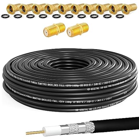 HB-DIGITAL 50m kabel koaksjalny SAT HQ135 PRO w zestawie z 2x złączami F + 10x wtykami F pozłacanymi GRATIS | Kabel antenowy satelitarny 4-krotnie ekranowany dla urządzeń DVB-S/S2 DVB-C/C2 DVB-T/T2