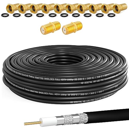 HB-DIGITAL 50m kabel koaksjalny SAT HQ135 PRO w zestawie z 2x złączami F + 10x wtykami F pozłacanymi GRATIS | Kabel antenowy satelitarny 4-krotnie ekranowany dla urządzeń DVB-S/S2 DVB-C/C2 DVB-T/T2