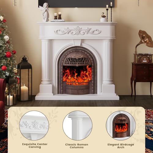 Image of 50 inch Solid Wood Electric Fireplace with Mantel, White Roman Column TV Stand with Bronze Birdcage Heater Insert, Elegant Fireplace for Living Room, Bedroom & Entryway
