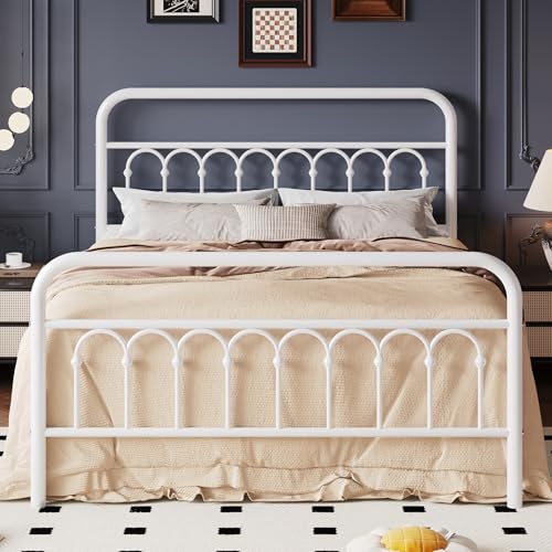 SHA CERLIN Queen Size Metal Platform Bed Frame with Vintage Headboard and Footboard, Iron Arch with Ball Paint Finish, Under Storage Space, No Box Spring Needed, Easy to Assemble, White