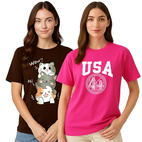 Image of My Swag Womens Graphic T-Shirt Pack of 2, Cotton Casual, Gym, Daily Summer Wear