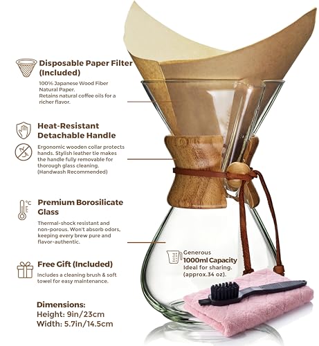 Image of AGOGO Pour Over Coffee Maker Set, 34oz Classic Style, 50 Paper Filters | Barista kit for home kitchen, Cafe, Camping & Office; 20oz-40oz Classic, Slim, Diamond styles; Includes brush & towel.
