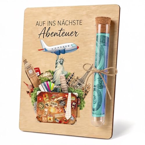 Geldgeschenk Reise Holz 10x13cm Originelle Reisekasse Geschenk mit Flugzeug-Motiv Urlaubskasse mit Reagenzglas für Flitterwochen Kreative Geld Geschenke Geburtstag für Freunde Familie