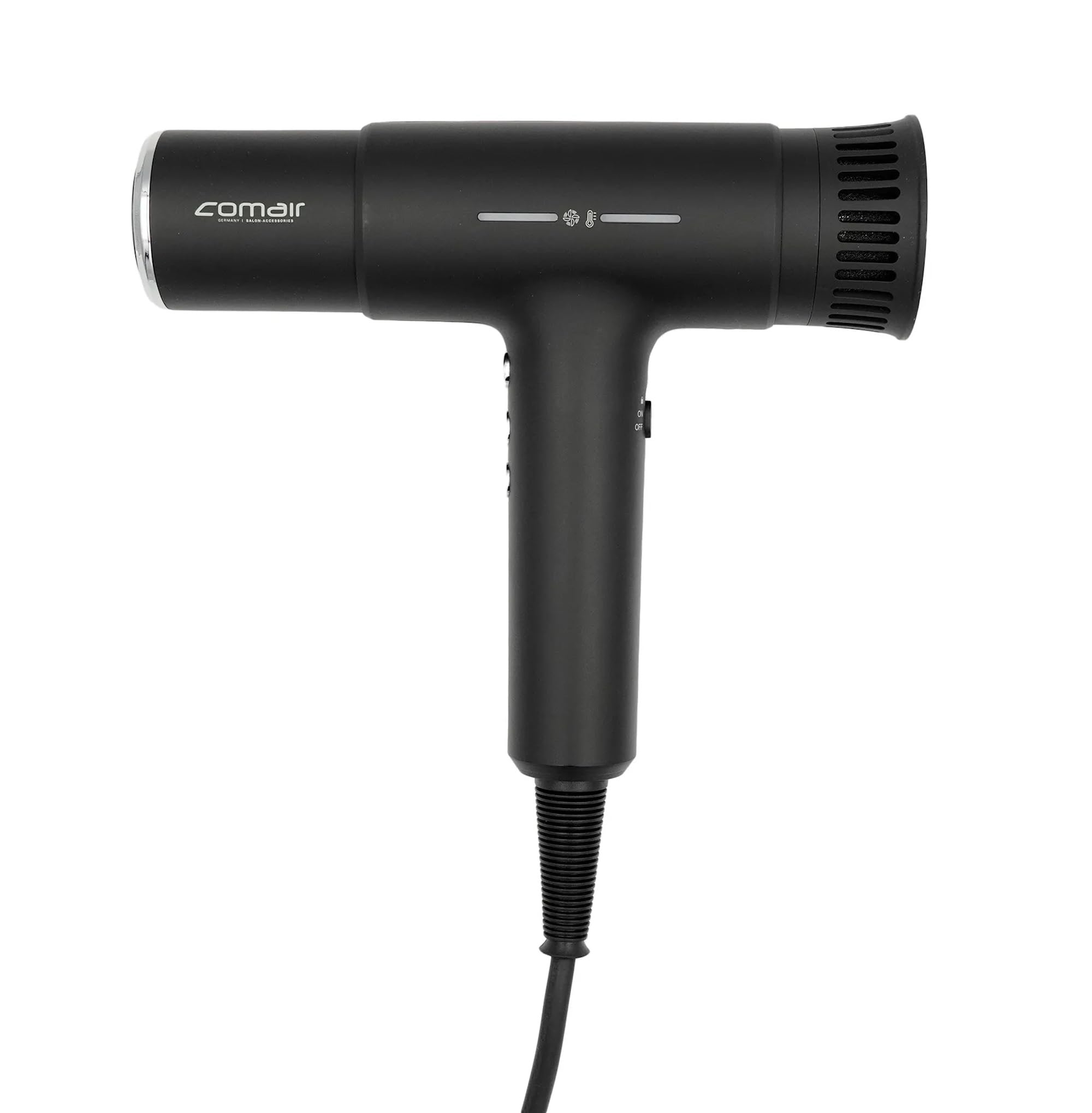Comair T Power Haartrockner Profi Föhn, Diffusor + 2 Stylingdüsen + Tasche | 2200 W Föhn, Brushless-Motor 70.000 U/min, 3 Temperatur- und 3 Gebläsestufen, Kaltlufttaste, Ionen-Technologie. Sperrschalter