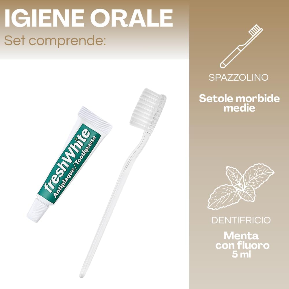 Virsus Set Igiene Orale monouso imbustato, confezione Flowpack bianca, spazzolino denti trasparente e tubetto Dentifricio da 5ml, per Albergo Hotel B&B Host, Set da Viaggio Linea cortesia (100)