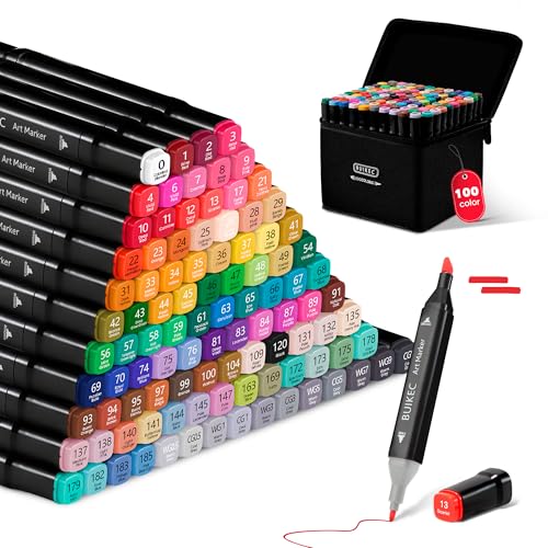 Feutres à Alcool Professionnels 100 Couleurs – Sèchent Rapidement, Couleurs Intenses et Durables, Twinmarkers Double Pointe pour Coloriage Adulte, Art, Croquis et Écriture, avec Base et Sac Rangement