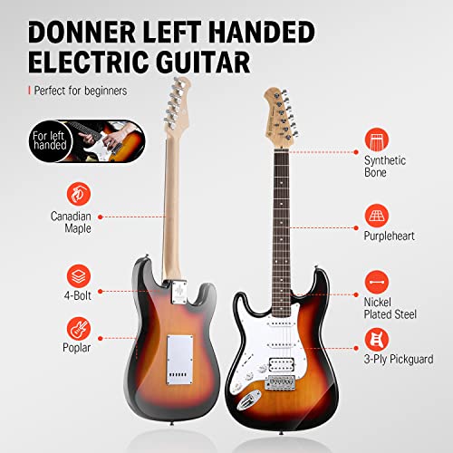 donner 39 inch left-handed electric guitar kit solid body sunburst lefty beginner set full-size with amplifier online lesson bag digital tuner capo strap string cable picks dst-100sl