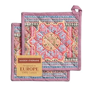 Maison d‘Hermine Hittebestendige pannenlappen, met lus, BBQ, koken, bakken, grillen, magnetron, Thanksgiving/Kerstmis, Ispahan, 2 stuks, 20 x 20 cm