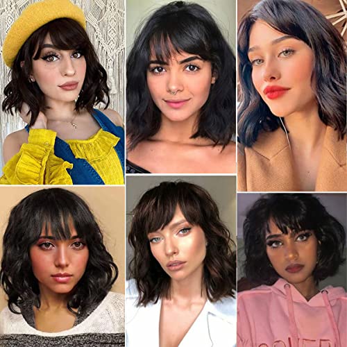 Paneway Short Human Hair Wigs With Bangs Brazilian Body Wave Virgin Human Hair Wigs For Black White Women Short Wavy Bob Wigs With Bangs 12 Inch #TOP2
