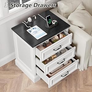 Whalefall farmhouse 3 drawers dresser with charging station white nightstand bedside for bedroom wood small end table for living room dresser chest of drawers for hallway closet dorm 1  urban country home decor