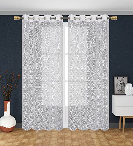 Image of Fabrilia Geometric Pattern Door Net Curtains 9 feet Long Set of 2 for Living Room /Bedroom, White