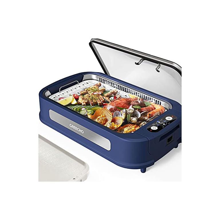 GREECHO Smokeless Indoor Grill, 6 Heat Settings Digital Temperature Control Smokeless Grill, 1500W Indoor Grills Electric Smokeless with 2 Ceramic Coated Nonstick Removable Grill Plates (15" x 9"), Dishwasher-Safe, Dark Blue