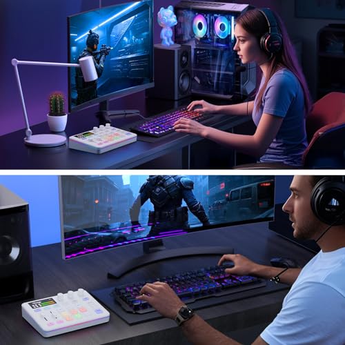 Image of Facmogu G9 Audio Mixer, Streaming RGB PC Mixer with XLR Microphone Interface, Volume Fader, Mute Button, 48V Phantom Power, Sound Board Podcast Equipment for Live Streaming, Podcast Recording - White