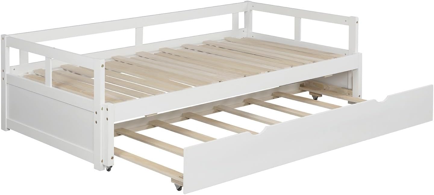 Merax Multifunctional Extending Day Bed with 2 Trundle Twin to King Wood Sofa Bed with Headboard No Box Spring Needed White