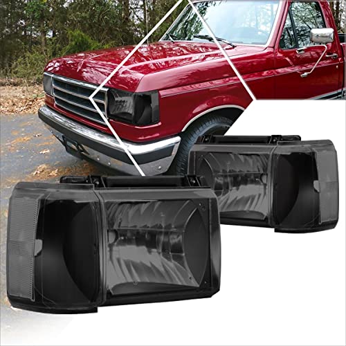 Pair Headlights Assembly Compatible with 87-91 Ford F150/F250/F350/Bronco | Headlamps with Black Housing Smoked Lens
