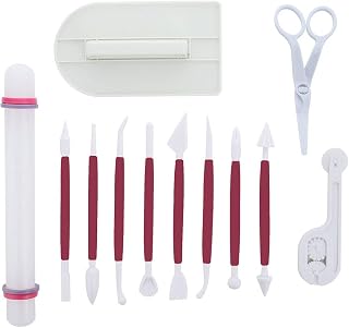 ScivoKaval Marshmallow Fondant Cake Decorating Hand Tool 12 Pcs 5 Sets Sugarcraft Gumpaste Icing Smoother Rolling Pin Trimmer Cutter Embosser Flower Scissor Modelling Accessories Supplies Kit Red