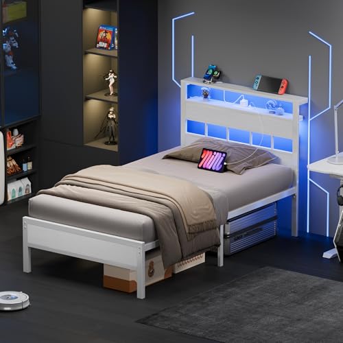 Image of Furnulem Twin Bed Frames with Charging Station and LED Lights, Twin Size Platform Bed with Metal Slats, Wood Headboard with 2-Tier Storage Shelves, No Box Spring Needed, White