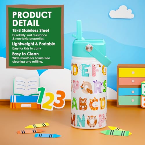 Image of SANDJEST Alphabet Kids Water Bottle with Straw Lid 12oz Insulated Stainless Steel, Travel Tumbler, Animal Gifts for Boys Girls, Birthday, Christmas, Back to School