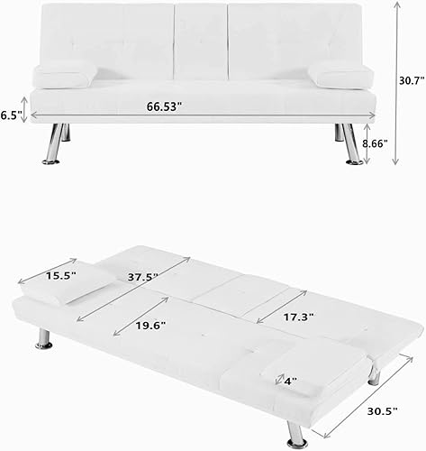 Miniatura 2 de Sofá cama futón de terciopelo con 2 portavasos y reposabrazos extraíbles, moderno sofá cama convertible con patas de metal, sofá biplaza tapizado,
