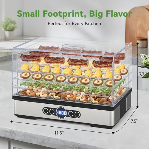 Food Dehydrator for Jerky, 5 BPA-Free Trays 400W Compact Dehydrator Machine for Meat, Fruits, Mushroom, Herbs, Dog Treats, Digital Adjustable Timer & Temperature Control, Recipes included