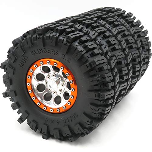 Hobbysoul 4Pcs Rc Rock Crawler 2.2 Mud Slingers Tires Od 124Mm & Alum Alloy 2.2 Beadlock Wheels Rims Hex 12Mm #TOP13