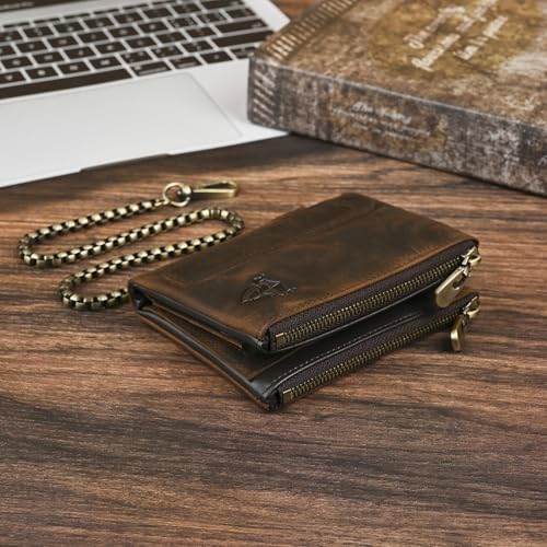 Oil Wax Genuine Leather Travel Gift Coin Pocket Card Case Vertical Chain Rfid Wallet Purse With Snap For Men Male 1802 (Brown)3