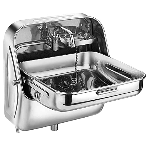 PSUFURV Boat RV Folding Sink 304 Stainless Steel Trailer Hand Wash Basin with Cold Water Faucet 14.6 x14.8 x15.4 Inch RV Caravan Folding Sink for RV Caravans, Bars, Food Trucks (Silver)