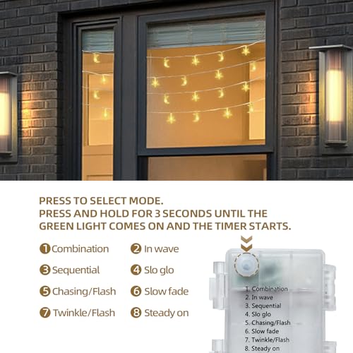 Jsdoin Star Moon Christmas Light 32 ft/10M 80LED Curtain Light, with 8-Mode Control Waterproof Battery Box/USB Cable 1.5M Power Supply, Wedding, Decoration Light，Ramadan Lights Decorations - Image 3