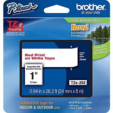 Brother TZe-252 24mm (1 ) , Length of 8M, Red on White Label Tape