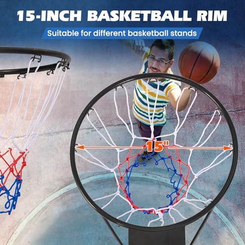 GYMAX Basketball Rim, 15/18 inch Basketball Rim Replacement with All-Weather Net, Basketball Hoop Replacement Rim Outdoor/Indoor for Wall Door Mounted (Black, 15")