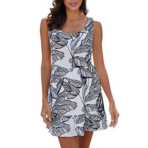 JUTREE Fashion Womens Flower Print Sleeveless Tank Trumpet Charming Temperament Mini Dress(2XL,White)
