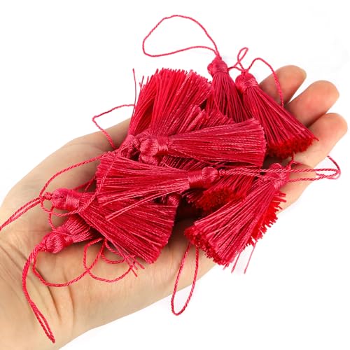Image of 48Pcs Mini Bookmark Tassels Handmade Keychain Silky Tassel | (Red)3.75inch Tassel, Silky Floss Craft Tassel for Jewelry Making,Tags,DIY Accessory