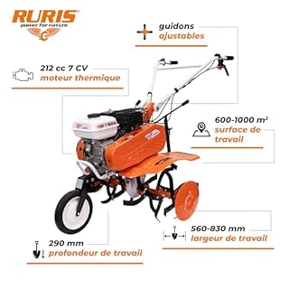 RURIS - Motobineuse Thermique 6500FR - 7 CH - pour Surfaces jusqu'à 1000 m² - 24 Fraises - Largeur de Travail 560-830mm - Guidon Ajustable - Roues en Caoutchouc - Outillage de Jardin