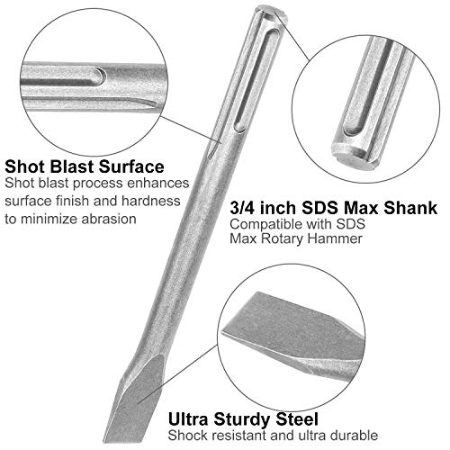 6 Pcs Sds Max Bits Chisel Set Hammer Drill Chisel Set 3/4 Inch Masonry Concrete Chisel Drill Bits, 11-Inch Length Rotary Hammer Chisel Bits Including 50Mm Wide Chisel, 25Mm Flat Chisel, Point Chisel #TOP2