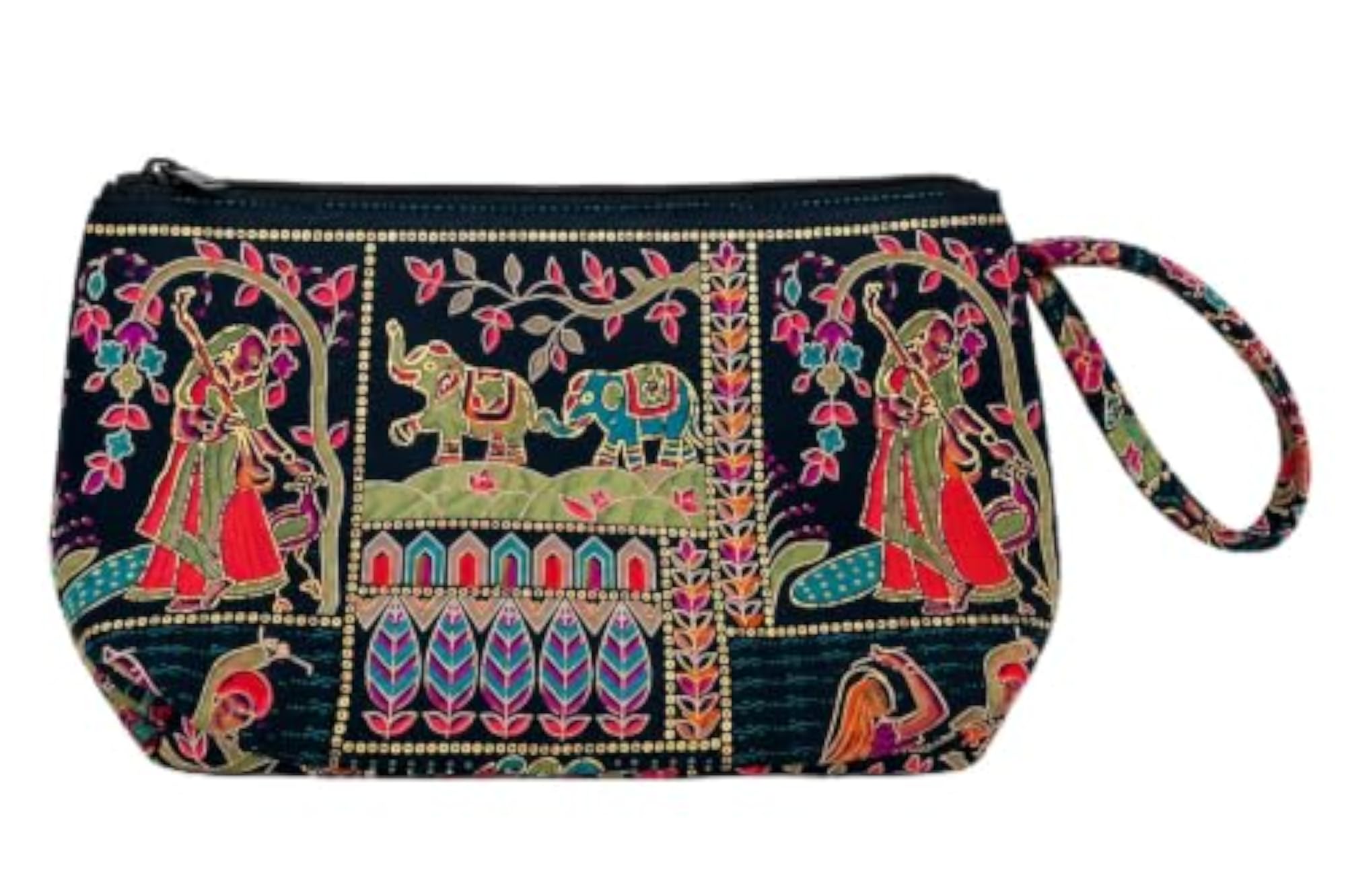 Black Multicolor Ethnic Printed Cosmetic Pouch with Wrist Strap